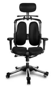 The HARA CHAIR NIE 01 is a black ergonomic office chair with an adjustable headrest, dual back support, armrests, and a five-wheel chrome base—an ideal modern ergonomic option—shown against a white background.